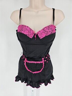 Vintage Y2K Womens Sz M Babydoll Nightie Apron Style Black Hot Pink